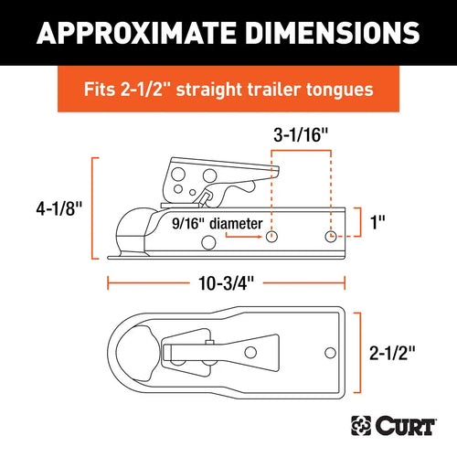 CURT 2 Straight-Tongue Coupler with Posi-Lock 2-1/2 Channel, 3,500 lbs, Zinc #25135
