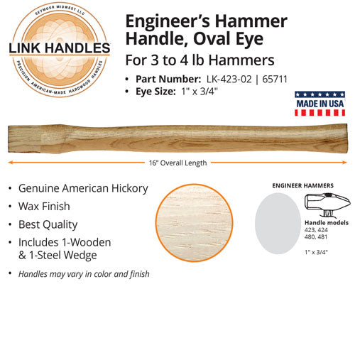 Seymour Midwest 16 Engineer's or Blacksmith's Hammer Handle, oval eye, for 3 to 4 lb. Hammers